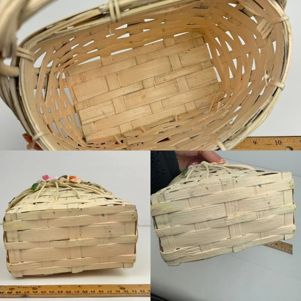 Vtg Wall Basket White Wicker Flowers Rose Green‎ Leaves Hard Rustic Wedding READ